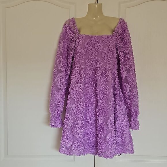 Pieces Premium 3D Rose Petal Long Sleeve Midi Fit & Flare Dress Lavender Medium - Picture 2 of 16